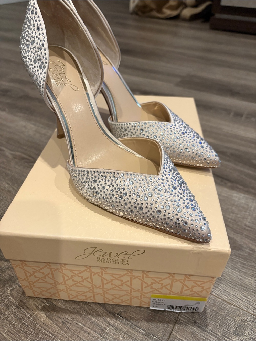 Jewel Badgley Mischka Crystal-Embellished Silver Pointed-Toe D'Orsay Heels